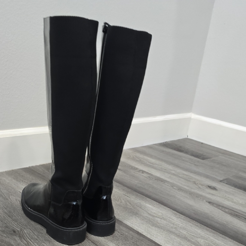 Andre Assous Viva Patent Knee High Boots Black Crinkle Patent Stretch Back - Picture 3 of 13